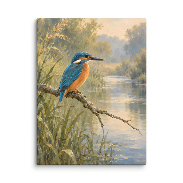 Kingfisher Above Still Water canvas print, 24 × 32 inches, showing a kingfisher perched above a quiet stream