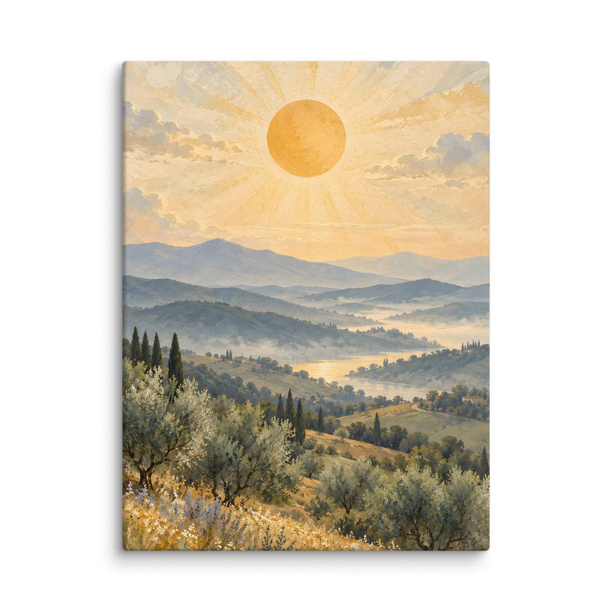 Ochre Sun Over Quiet Hills canvas print, 24 × 32 inches, featuring an ochre sun above rolling hills