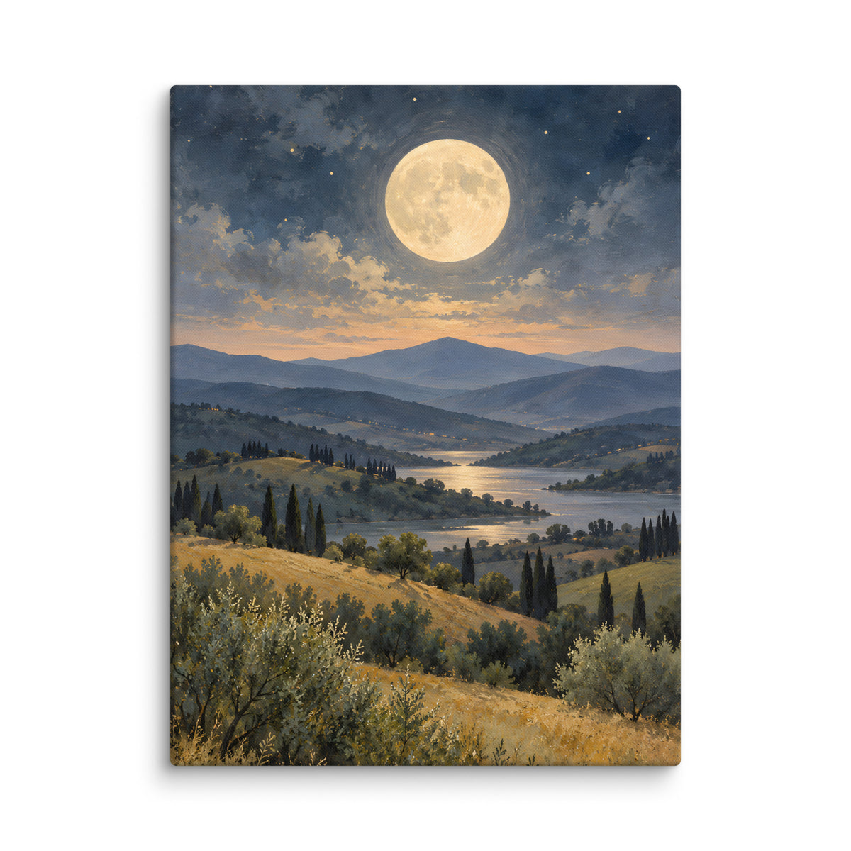 Ivory Moon Over Quiet Hills canvas print, 24 × 32 inches, featuring a full moon above quiet hills