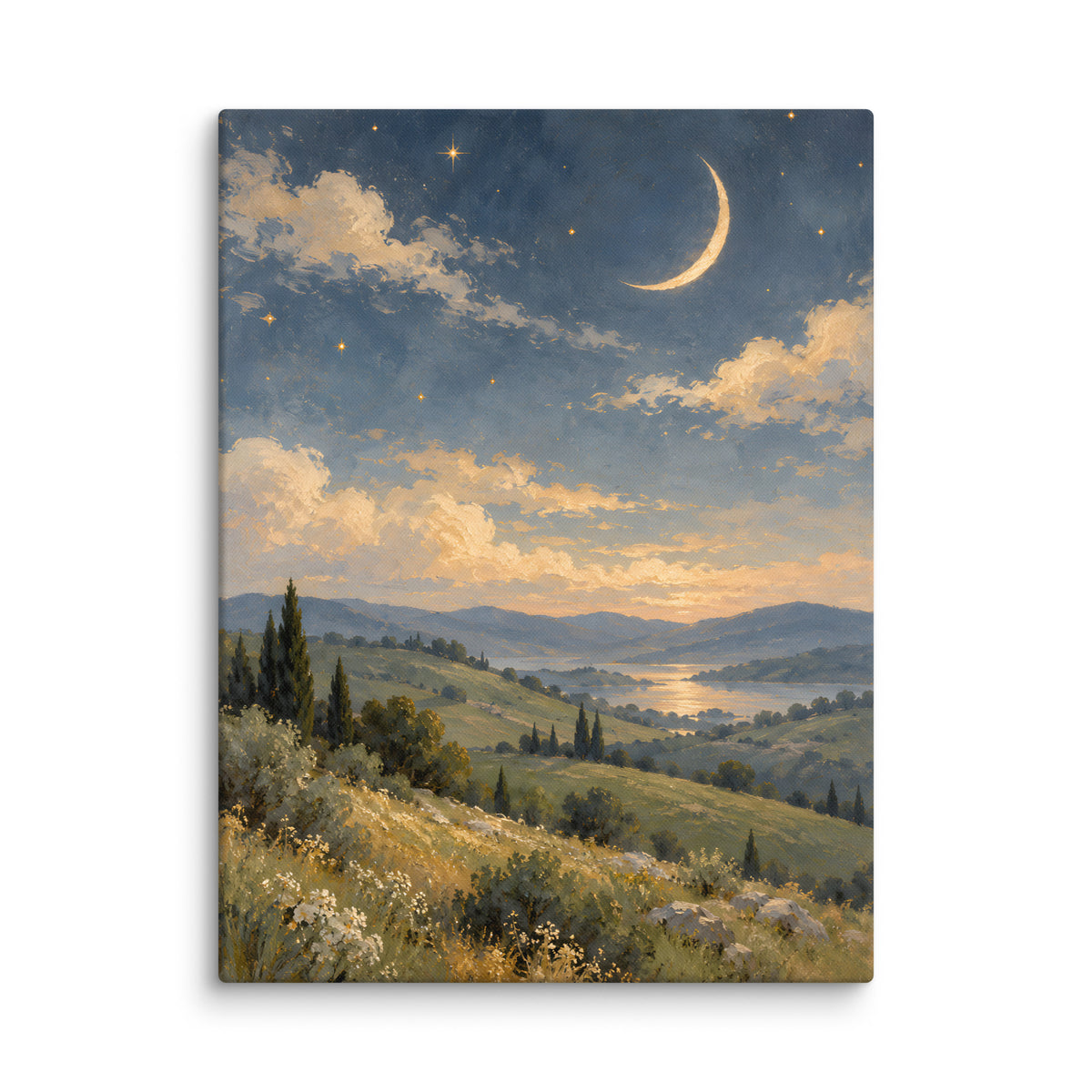 Ivory Crescent Over Sage Hills canvas print, 24 × 32 inches, featuring an ivory crescent above sage hills