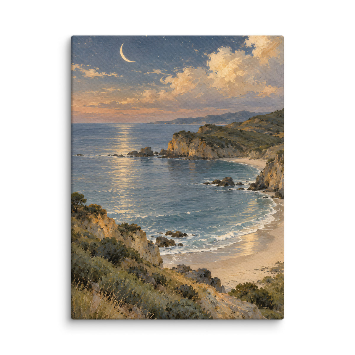 Crescent Moon Over the Quiet Bay canvas print, 24 × 32 inches, featuring a crescent above a coastal bay