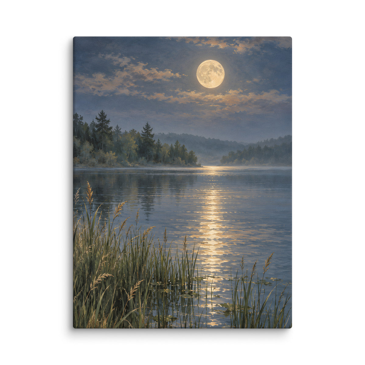 Broken Moonlight on the Still Lake canvas print, 24 × 32 inches, featuring moonlight reflected on a still lake