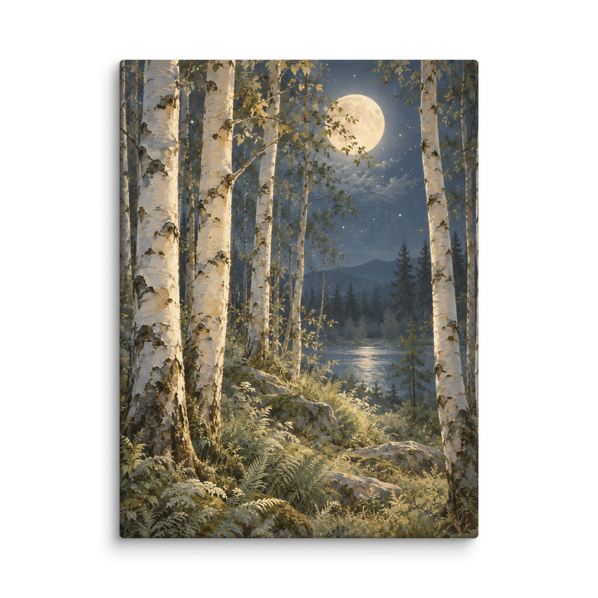 Ivory Moon Among the Birches canvas print, 24 × 32 inches, featuring an ivory moon among pale birches