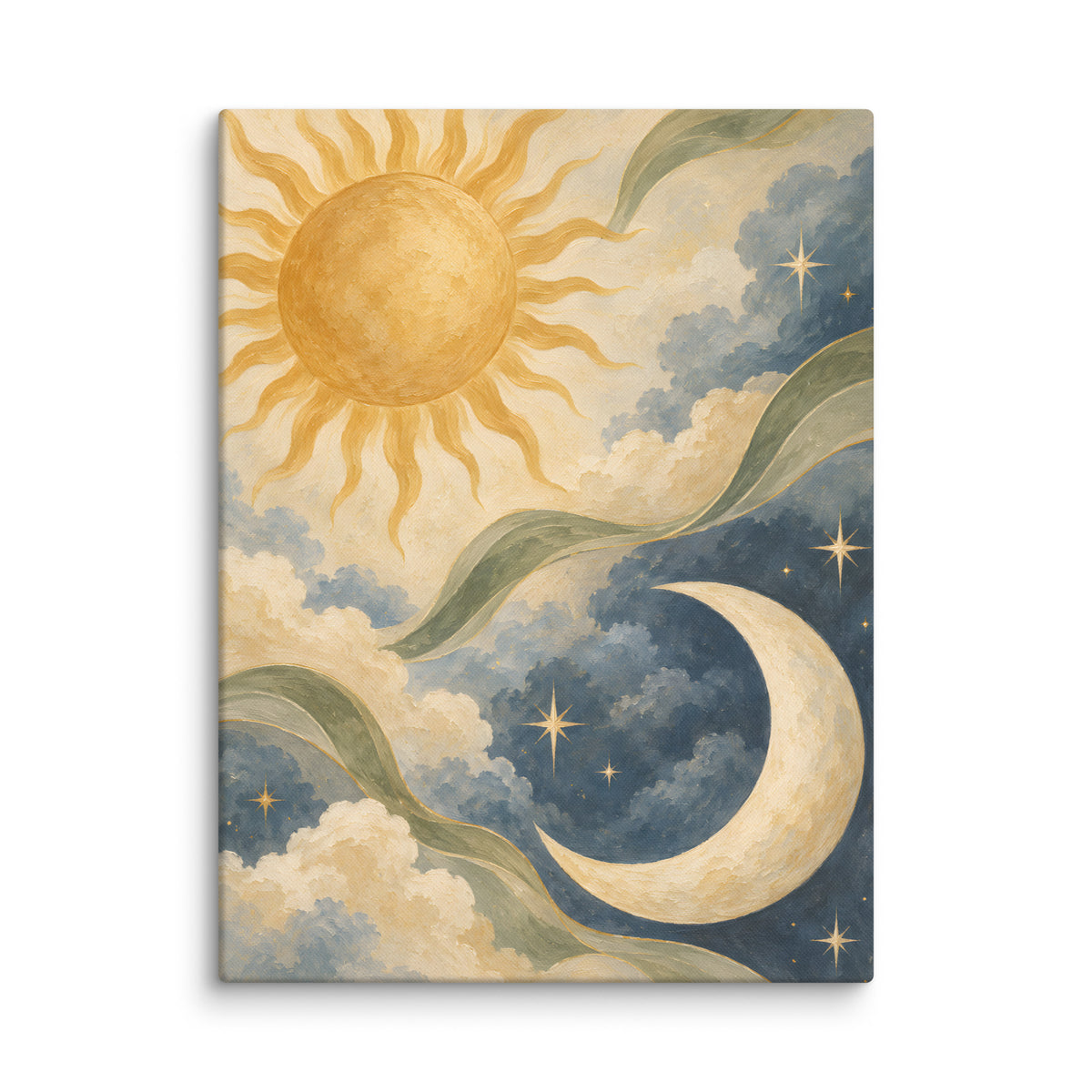 Sun and Crescent in Soft Tones canvas print, 24 × 32 inches, featuring a golden sun and ivory crescent