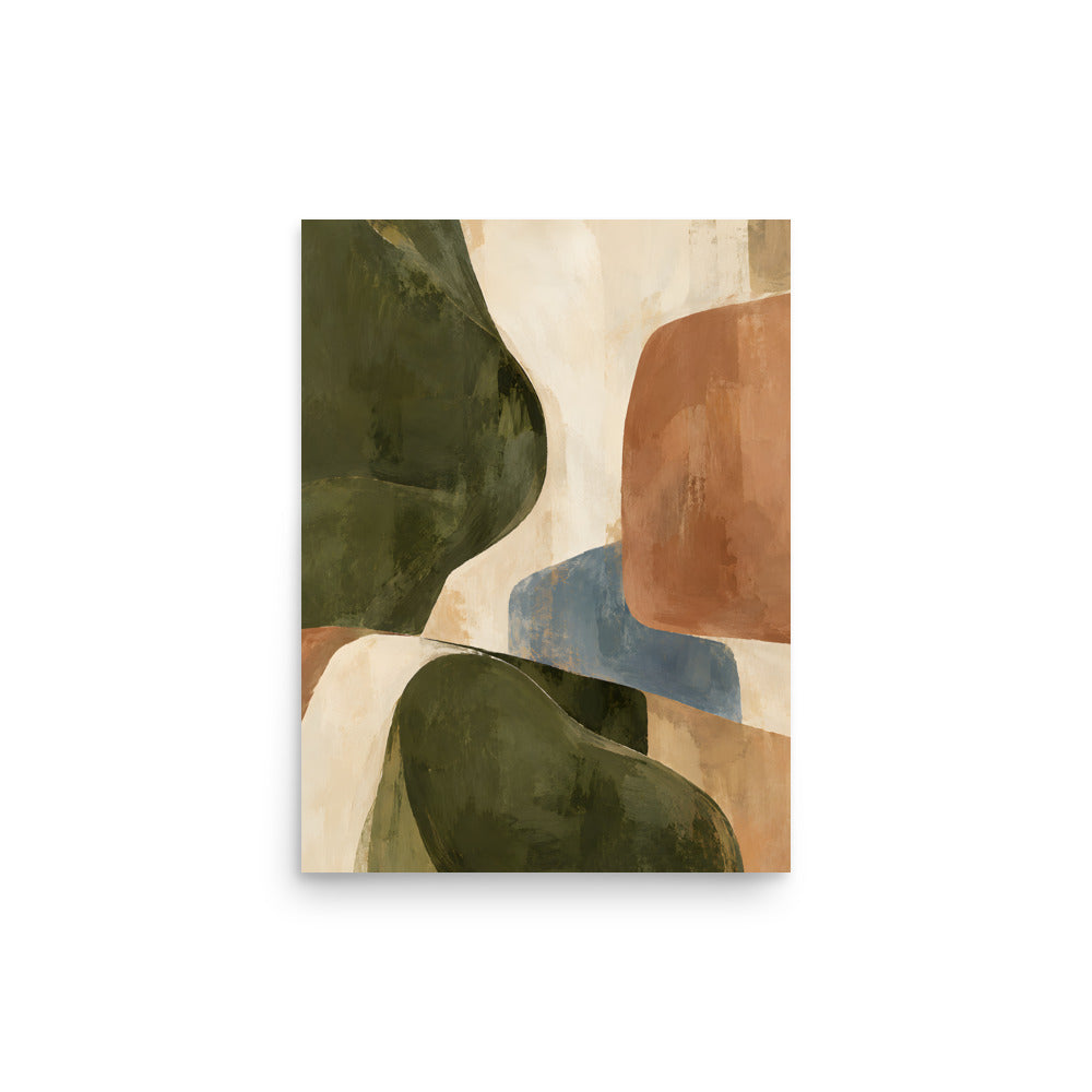 Olive & Earth matte poster, 12 × 16 inches, showing organic shapes in olive, ivory, clay and dusty blue