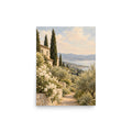 Golden Stillness matte poster, 12 × 16 inches, showing a Mediterranean villa, cypress trees and blue water