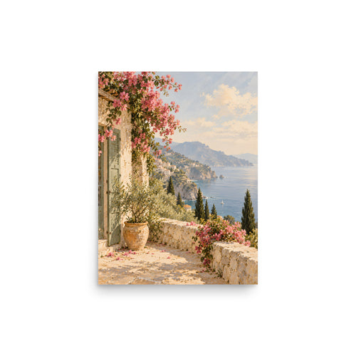 Amalfi Bloom matte poster, 12 × 16 inches, showing a sunny terrace, bougainvillea and blue sea