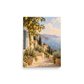 Lemon Coast matte poster, 12 × 16 inches, showing lemon branches, white walls and a calm blue sea