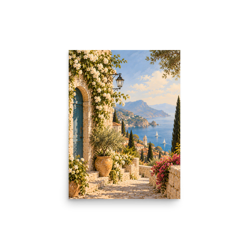 Azure Passage matte poster, 12 × 16 inches, showing a stone walkway, flowering vines and a blue-green door