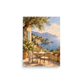 Olive Bay matte poster, 12 × 16 inches, showing an olive tree and stone terrace overlooking a blue bay