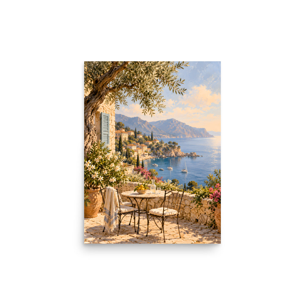 Olive Bay matte poster, 12 × 16 inches, showing an olive tree and stone terrace overlooking a blue bay
