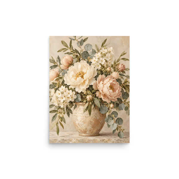 Ivory Garden matte poster, 12 × 16 inches, showing ivory and blush flowers in a ceramic vase