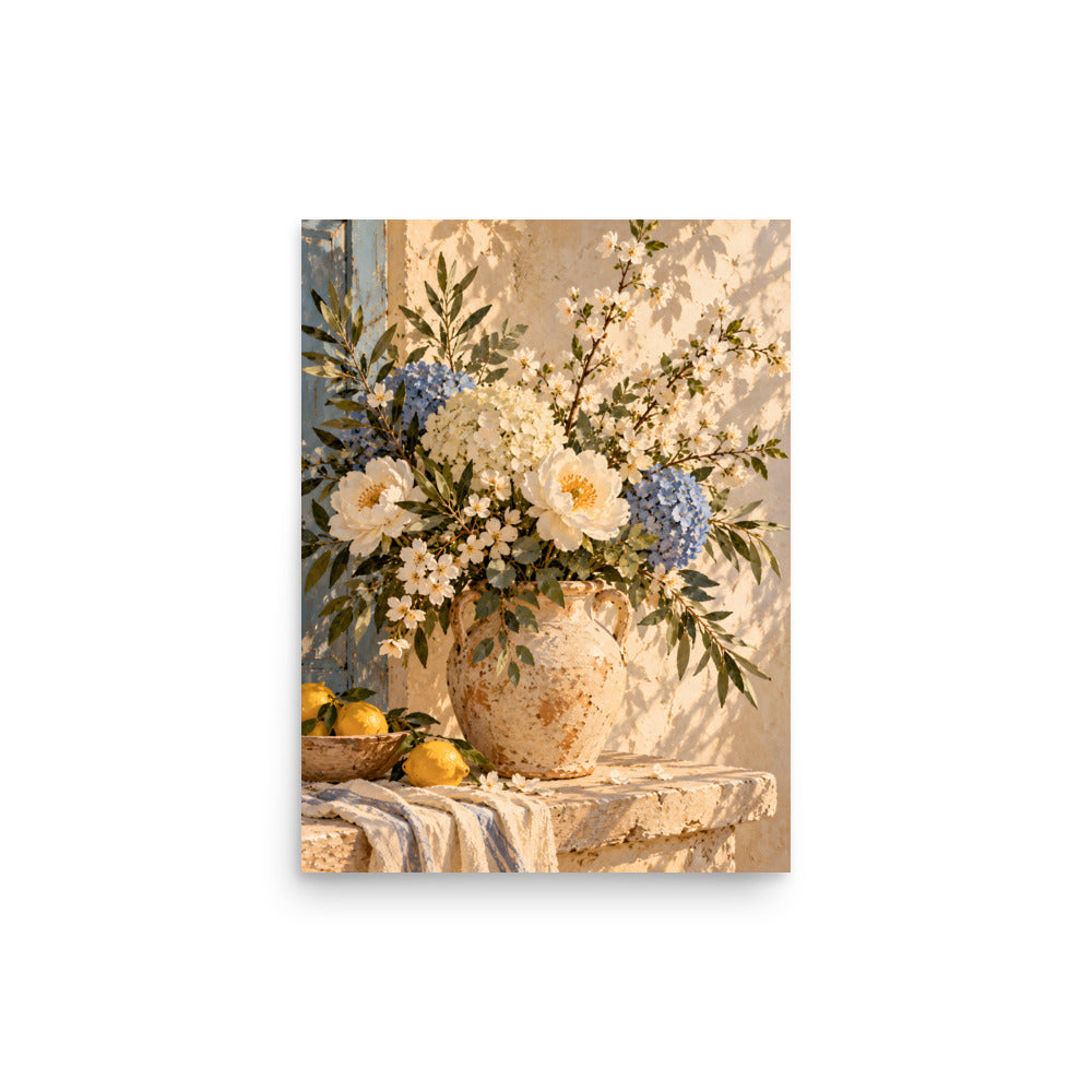 Blue Blossom matte poster, 12 × 16 inches, showing ivory blooms and muted blue hydrangeas