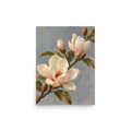 Magnolia Drift matte poster, 12 × 16 inches, showing ivory magnolia blossoms against dusty blue