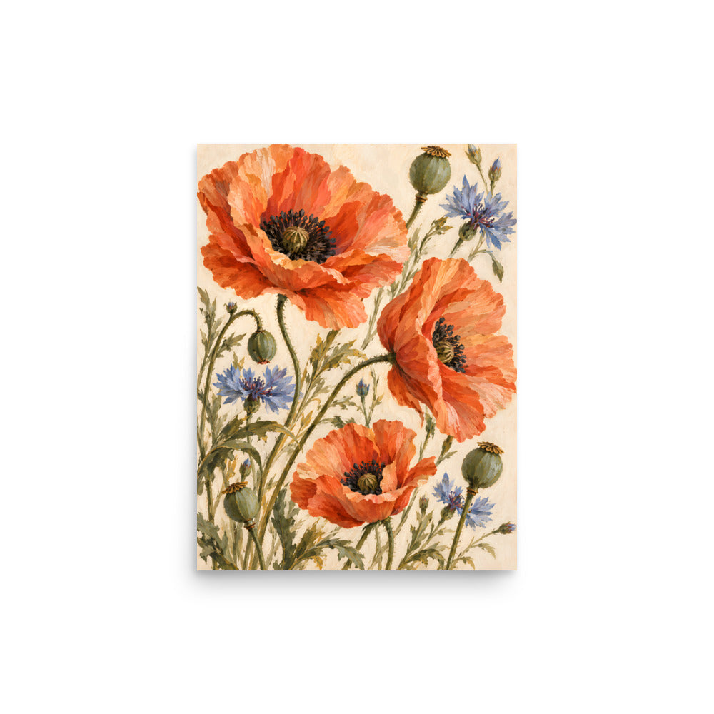 Terracotta Meadow matte poster, 12 × 16 inches, showing terracotta poppies and delicate blue cornflowers