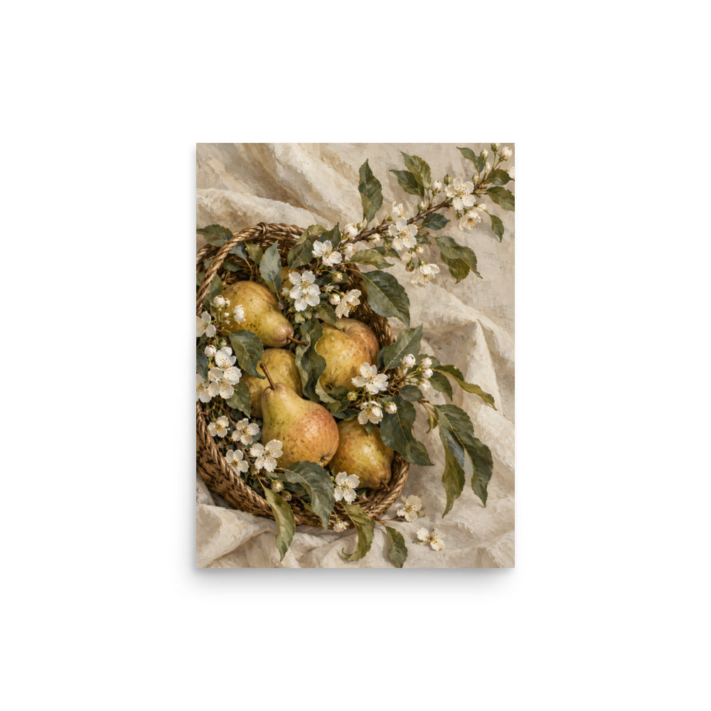 Golden Orchard matte poster, 12 × 16 inches, showing golden pears and white blossoms in a woven basket