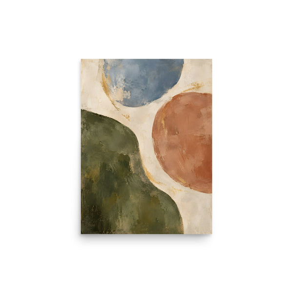 Earthen Balance matte poster, 12 × 16 inches, showing organic forms in olive, clay, blue and cream
