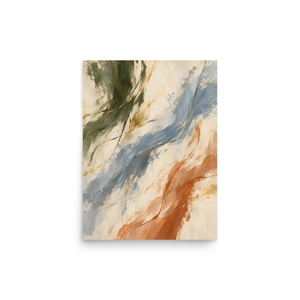 Quiet Current matte poster, 12 × 16 inches, showing flowing strokes in blue, olive, clay and ivory