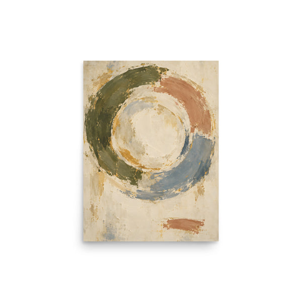 Quiet Orbit matte poster, 12 × 16 inches, showing layered circular forms in olive, blue, clay and ivory