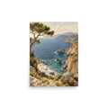 Cove of Pines matte poster, 12 × 16 inches, depicting a wind-bent pine above a turquoise Mediterranean cove.