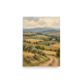 Tuscan Quiet matte poster, 12 × 16 inches, depicting rolling Tuscan fields, cypress trees and a distant farmhouse.