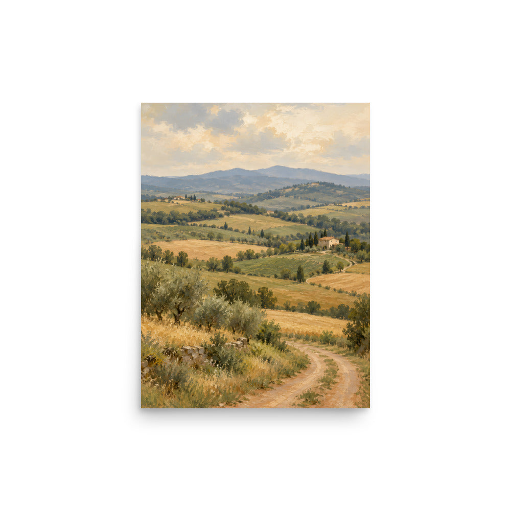 Tuscan Quiet matte poster, 12 × 16 inches, depicting rolling Tuscan fields, cypress trees and a distant farmhouse.