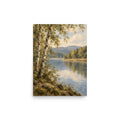 Birchwater Calm matte poster, 12 × 16 inches, depicting birch trees framing a quiet lake and golden foliage.