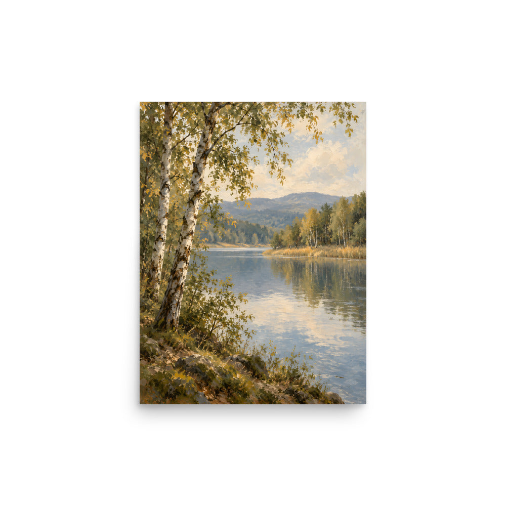 Birchwater Calm matte poster, 12 × 16 inches, depicting birch trees framing a quiet lake and golden foliage.