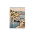 Harbor Hush matte poster, 12 × 16 inches, depicting fishing boats, blue water and sun-washed harbor houses.