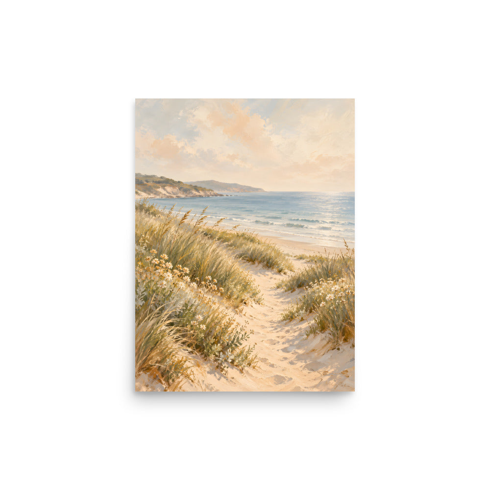 Dune Reverie matte poster, 12 × 16 inches, depicting a sandy path, dune grasses and a calm blue shoreline.
