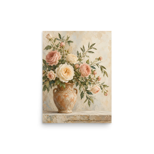 Rosewood Bloom matte poster, 12 × 16 inches, depicting blush and ivory roses in a rustic terracotta vessel.