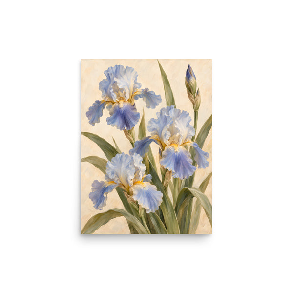 Iris at Dawn matte poster, 12 × 16 inches, depicting blue-violet irises, ivory petals and olive-toned leaves.