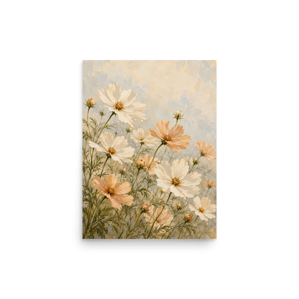 Cosmos Whisper matte poster, 12 × 16 inches, depicting ivory and apricot cosmos flowers against a soft cream background.