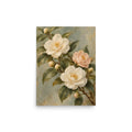 Camellia Light matte poster, 12 × 16 inches, depicting ivory and blush camellias with rich olive foliage.
