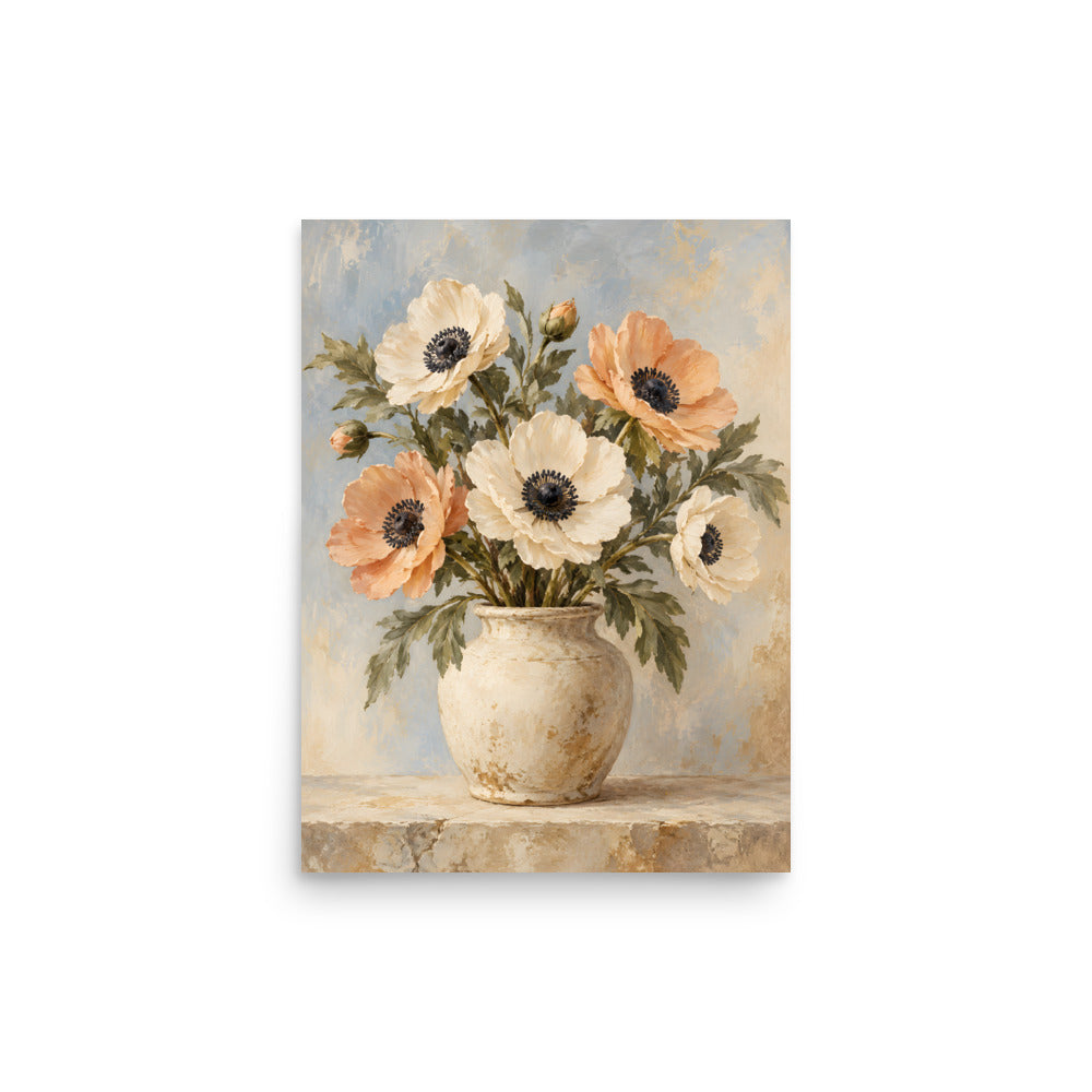 Sunlit Anemones matte poster, 12 × 16 inches, depicting ivory and apricot anemones in a rustic cream vessel.