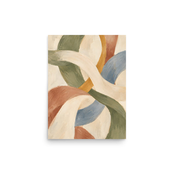 Woven Stillness matte poster, 12 × 16 inches, depicting interwoven curves in olive, clay, dusty blue and ivory.
