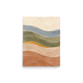 Soft Tides matte poster, 12 × 16 inches, depicting layered abstract waves in dusty blue, olive and warm clay.