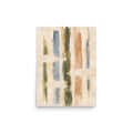 Quiet Intervals matte poster, 12 × 16 inches, depicting textured vertical strokes in olive, dusty blue, clay and ivory.