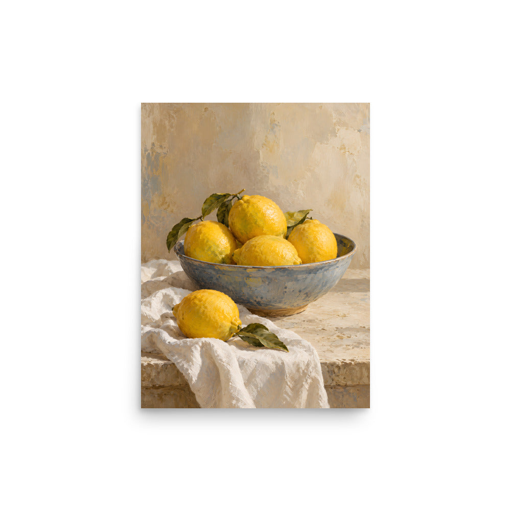 Mediterranean Lemons matte poster, 12 × 16 inches, showing yellow lemons in a blue ceramic bowl on ivory linen