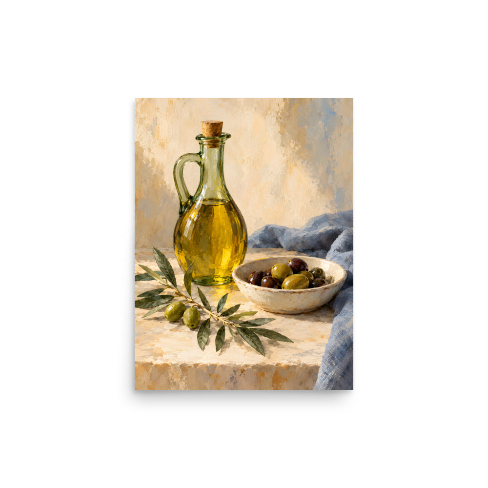 Olive Table matte poster, 12 × 16 inches, showing olive oil, green and dark olives and an olive branch