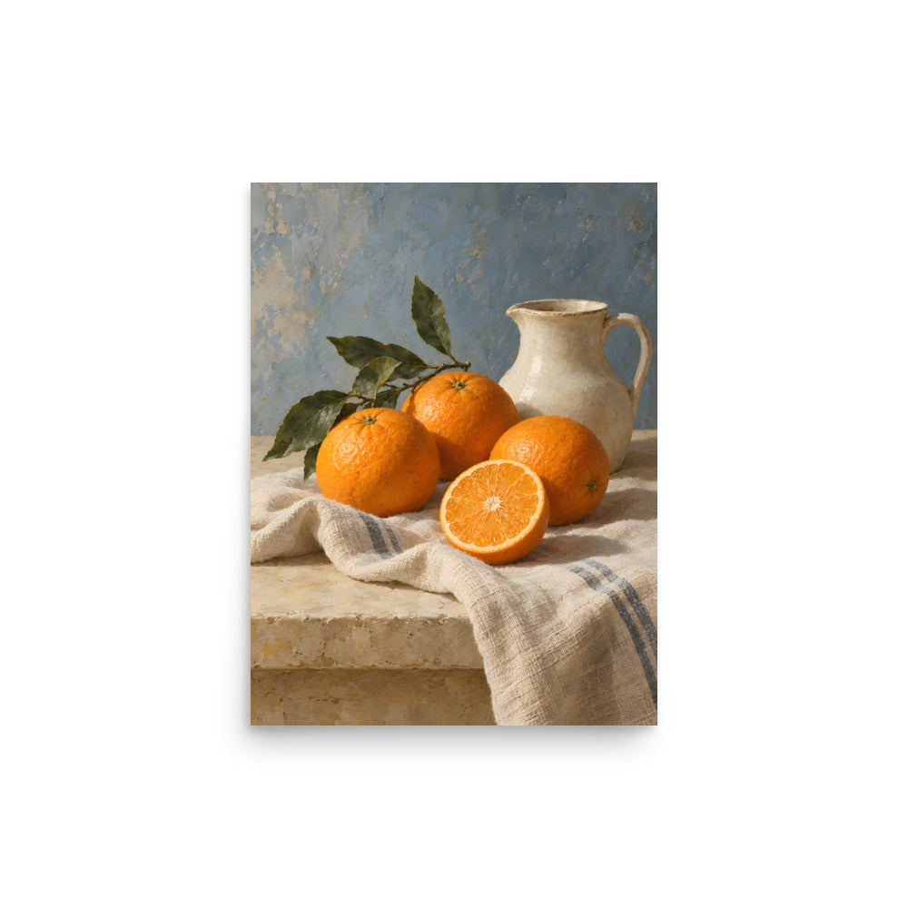 Citrus Table matte poster, 12 × 16 inches, showing ripe oranges, leafy branches and a cream ceramic pitcher