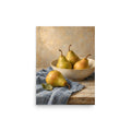 Golden Pears on Blue Linen matte poster, 12 × 16 inches, showing golden pears in a cream bowl on blue linen