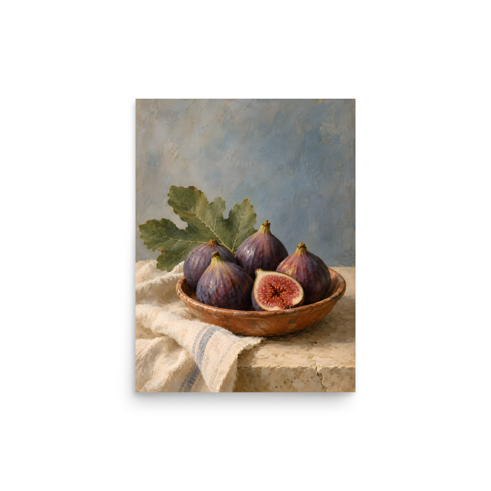 Terracotta Figs on Linen matte poster, 12 × 16 inches, showing purple figs in a terracotta bowl on ivory linen