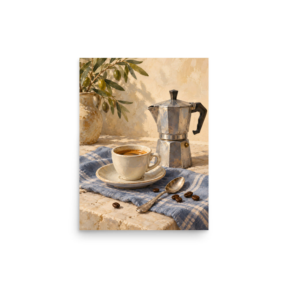Slow Espresso Morning matte poster, 12 × 16 inches, showing a moka pot, espresso cup and coffee beans on blue linen