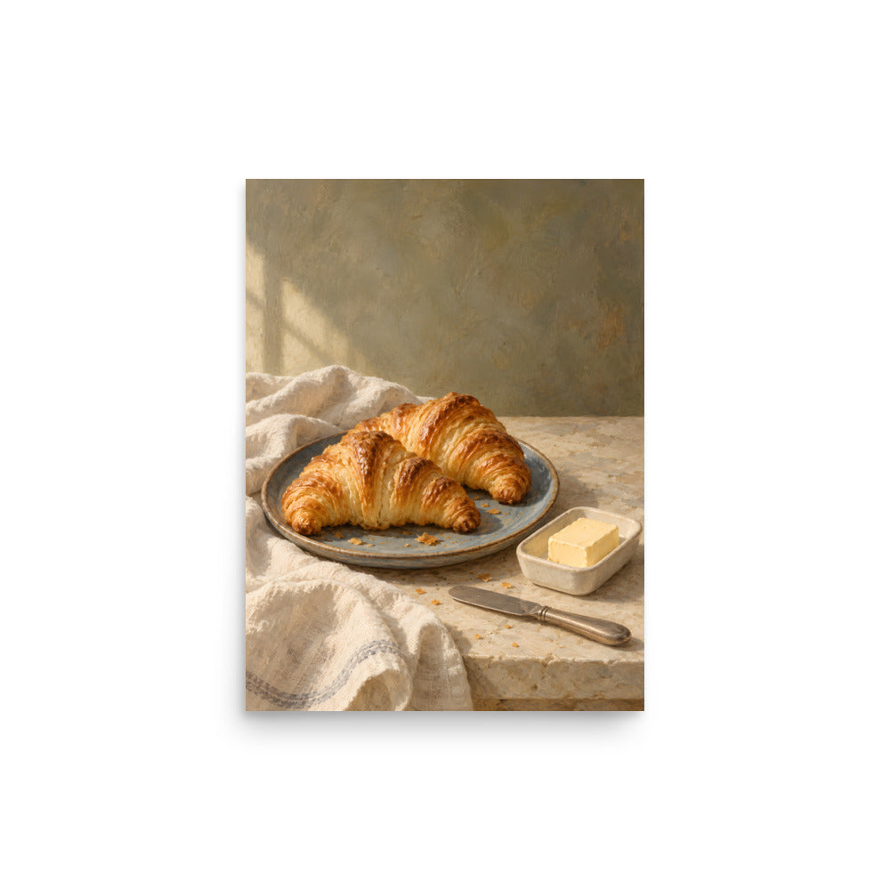 Golden Morning Croissants matte poster, 12 × 16 inches, showing golden croissants, butter and a blue ceramic plate