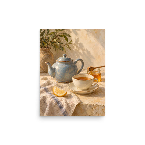 Honeyed Morning Tea matte poster, 12 × 16 inches, showing a blue teapot, cream teacup, honey and lemon