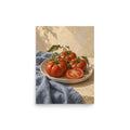 Heirloom Tomatoes on Blue Linen matte poster, 12 × 16 inches, showing red heirloom tomatoes and leafy vines on blue linen