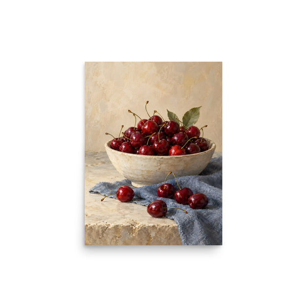 Cherries on Blue Linen matte poster, 12 × 16 inches, showing red cherries in a cream ceramic bowl on blue linen