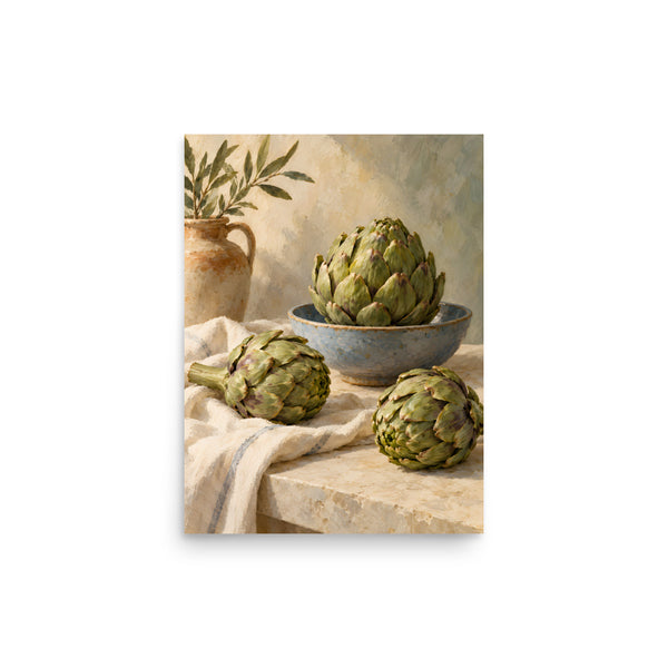 Artichokes on Linen matte poster, 12 × 16 inches, showing green artichokes with a blue ceramic bowl and ivory linen