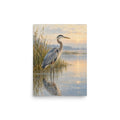 Heron in Morning Mist matte poster, 12 × 16 inches, showing a heron standing in a misty marsh